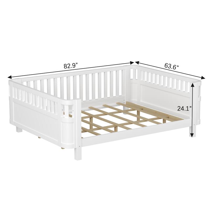 Roomfitters Queen Platform Bed, Low Profile Slatted Daybed with Wooden Frame and Removable Guardrails for Bedrooms