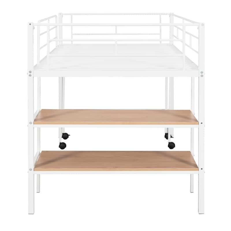 Modern Twin Loft Bed with Desk and Ladder Shelves, Sturdy Metal Frame