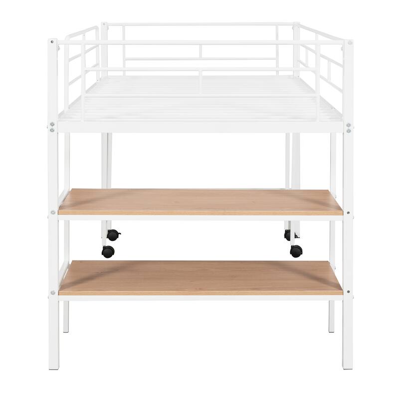 Twin Size Platform Bed with Rolling Desk and Bookshelf, Metal Loft Bed Frame with Full-Length Guardrails and Ladder