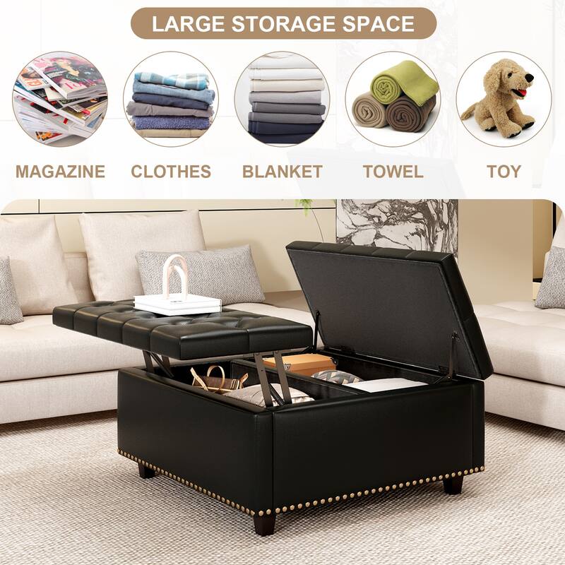 Black PU Leather Square Chair with Storage, Mid-Century Modern Coffee Table