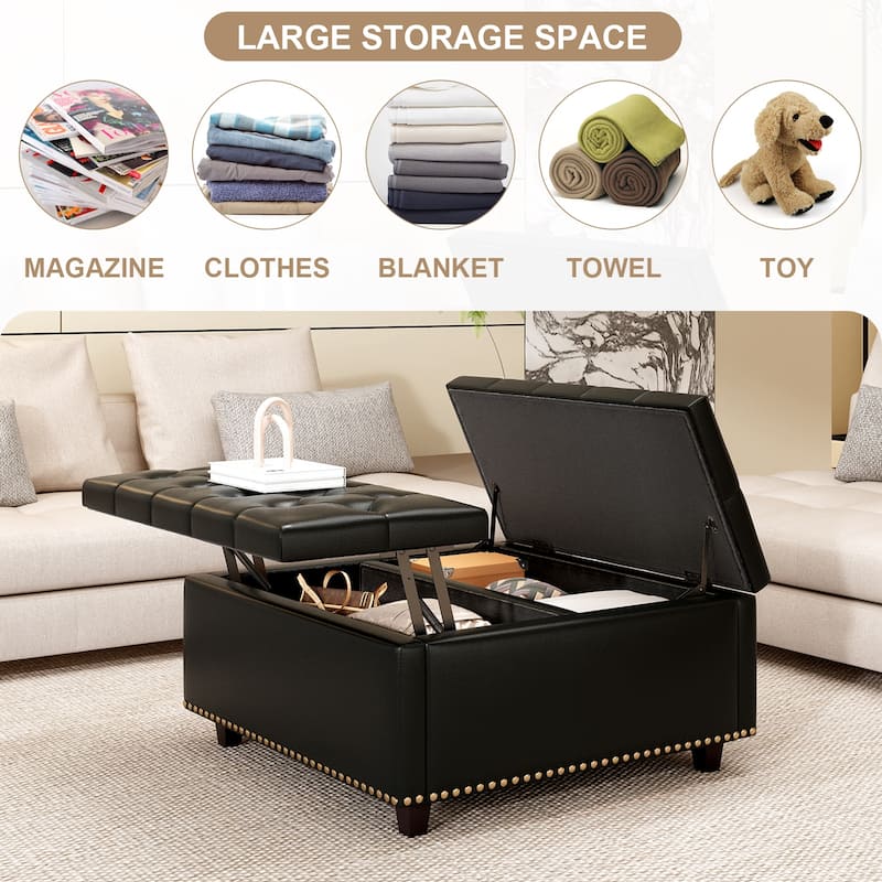 Oversized Storage Square Chair with Storage,Ottoman with Storage,Double Door Storage Footstool,Coffee Table,Nailhead Trim