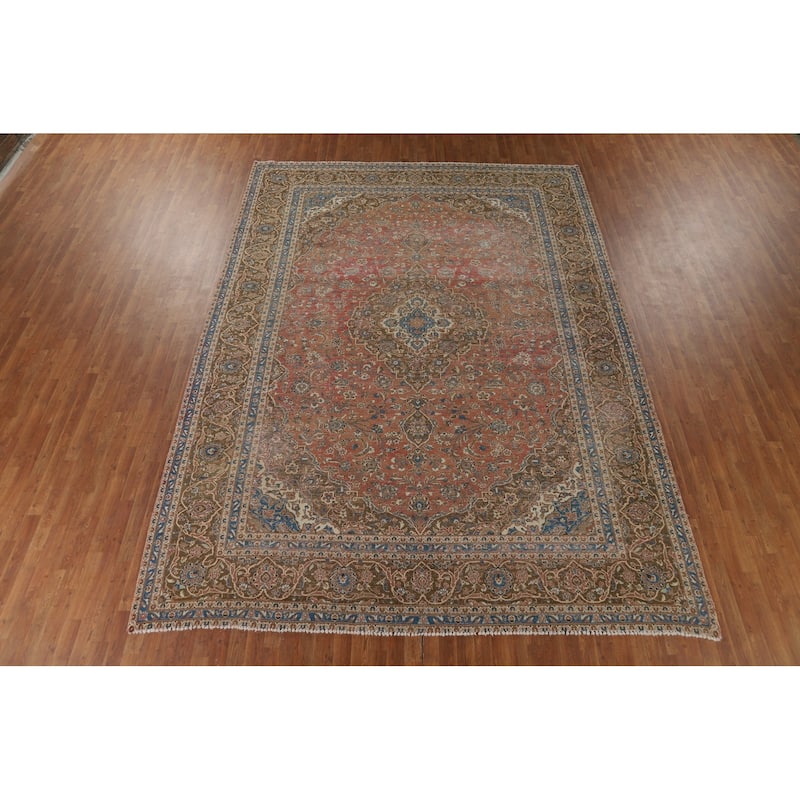 Distressed Mashad Vintage Persian Area Rug Hand-Made Wool Carpet - 9'7" x 13'2"