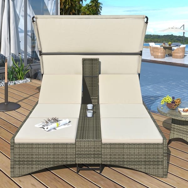 slide 2 of 20, Roomfitters Patio Daybed, Outdoor Rattan Sun Lounger with Shelter Roof, Adjustable Backrest, Storage & Cup Holders Cream