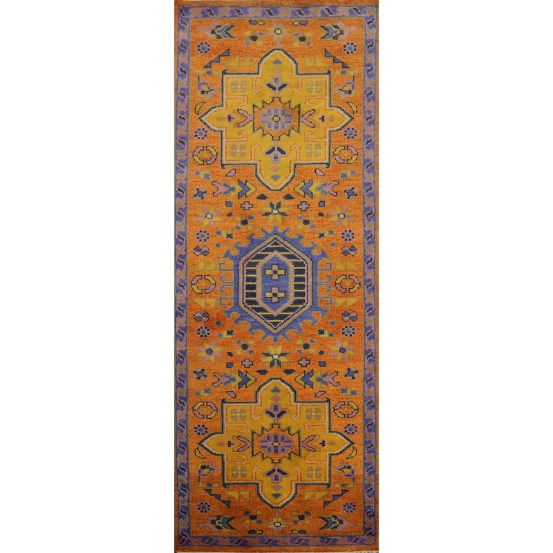 Hand-knotted Traditional Wool Orange Geometric Area Rug Oriental Carpet - 8' 2'' X 2' 8''