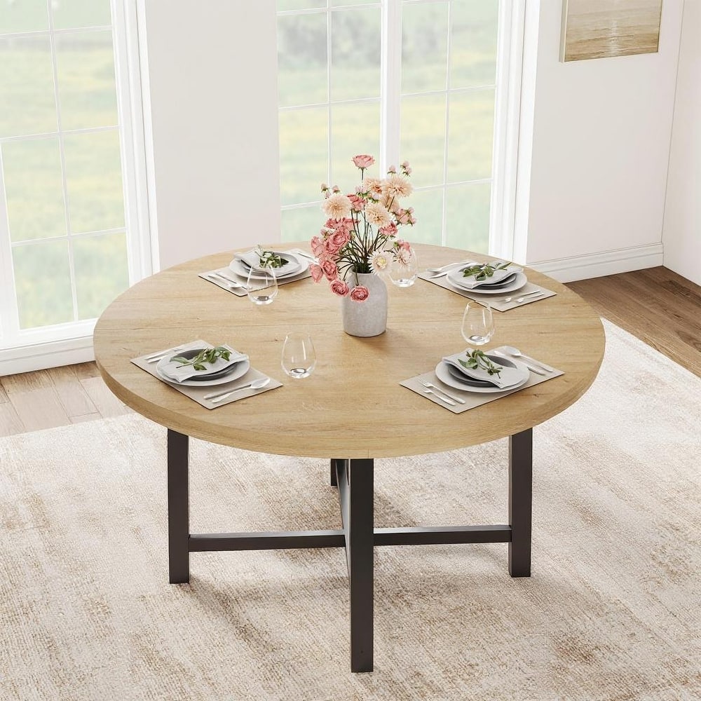 47" Round Dining Table, with Sturdy Metal Frame & Rustic Brown Finish