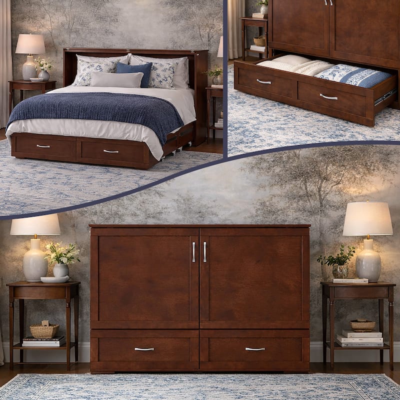 Hamilton Queen Murphy Bed Chest with 6" Mattress, Storage Drawer & Built-In Charger in Walnut