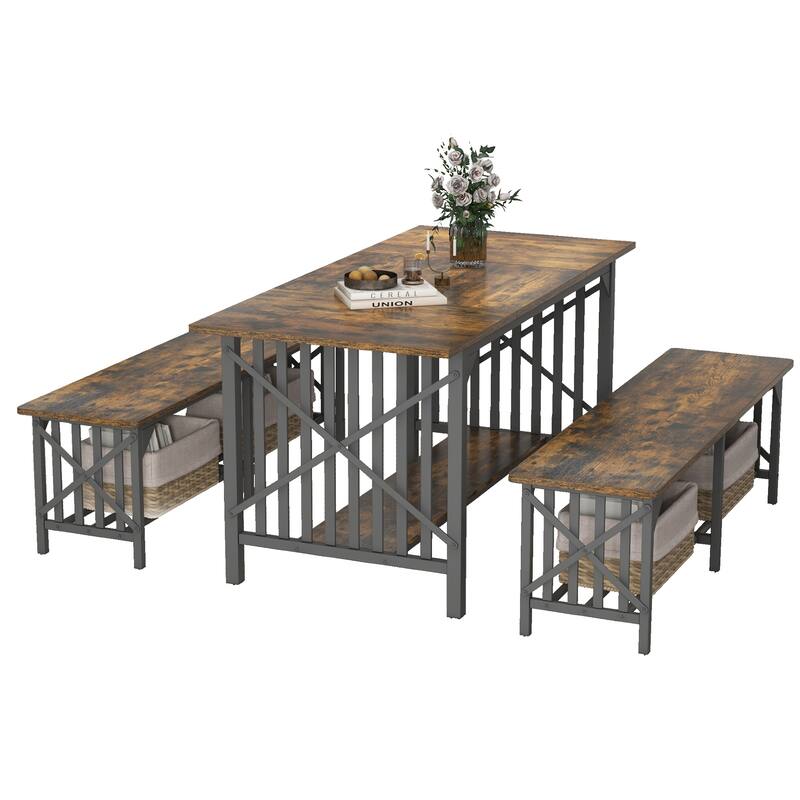 Moasis 3-Piece Dining Table Set with 2 Benches for Kitchen Dining Room - 63" - Rustic Brown