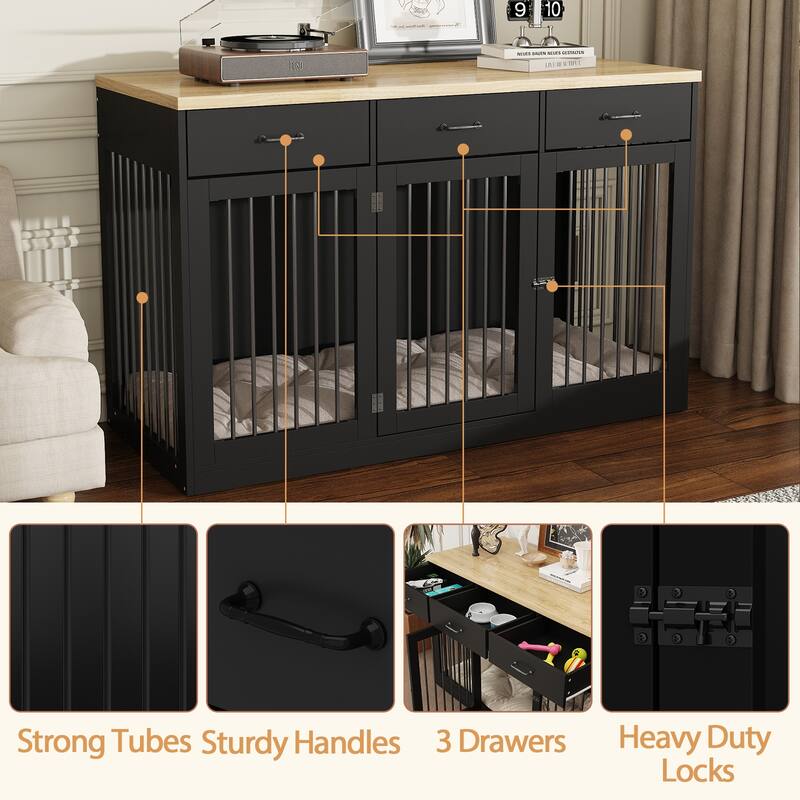 Furniture Style Dog Crate with Storage Drawers, Large Dog Kennel Cabinet with Wood Top, Double Door Pet Crate End Table