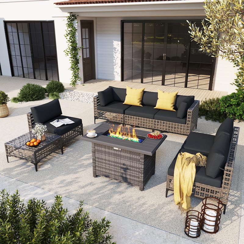 6 - Person Outdoor Sectional Seating Group with Fire Pit - Black/Grey