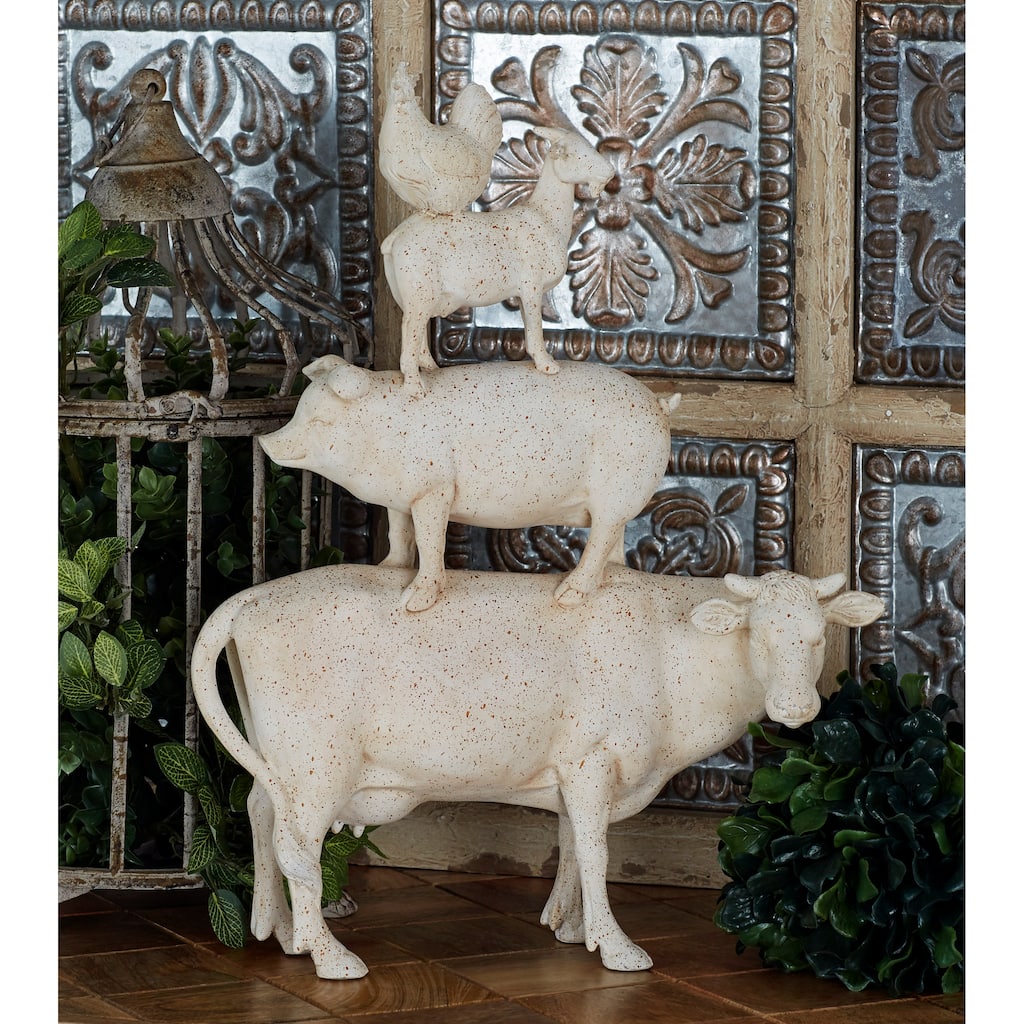 White Polystone Stacked Farm Animals Decorative Sculpture - 14 x 4 x 18