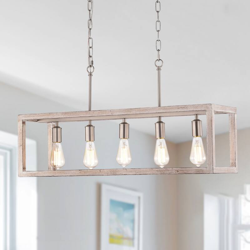 Amara Matte Satin Nickel+Wood Grain 5-Light Metal Open-Cage Linear Chandelier