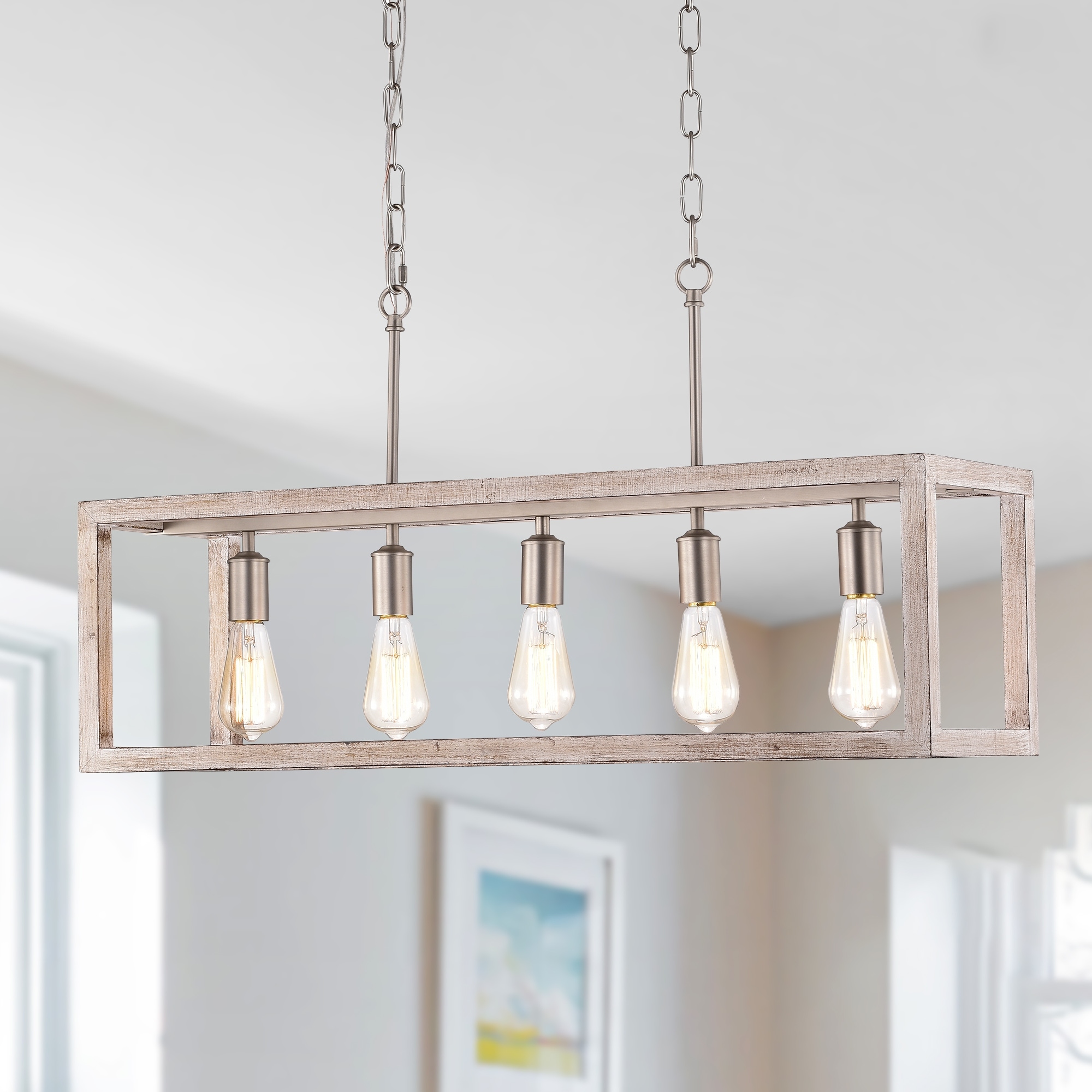 Amara Matte Satin Nickel+Wood Grain 5-Light Metal Open-Cage Linear Chandelier