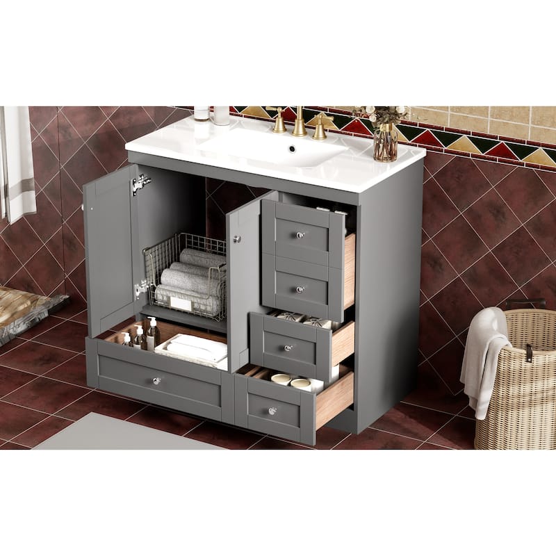 Bathroom Vanity with Ceramic Sink, Free-Standing Wooden Bathroom Cabinet, Storage Cabinet with 4 Drawers & 2 Soft Closing Doors