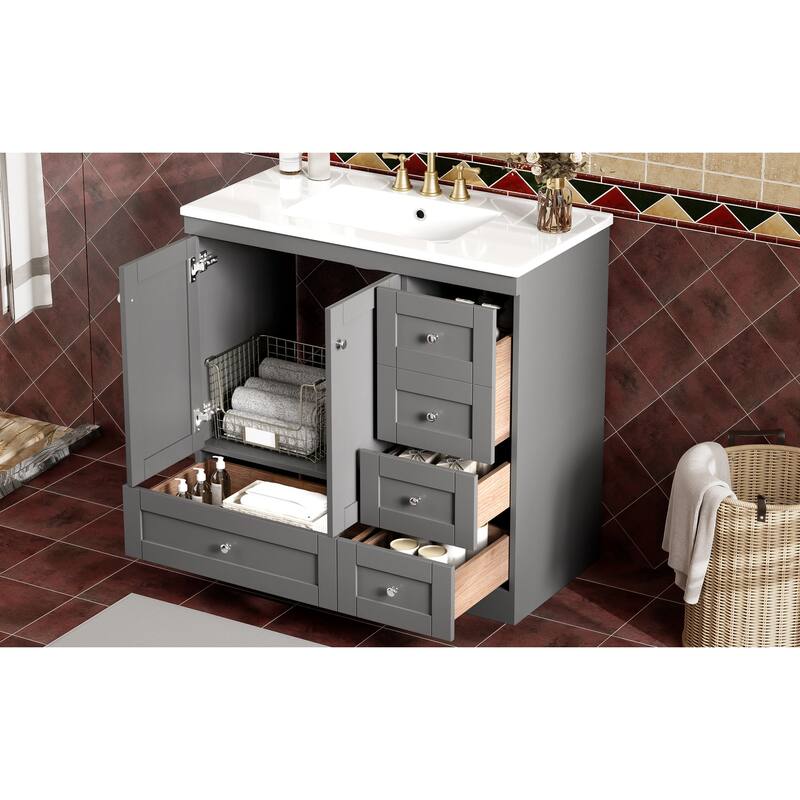 Roomfitters 36" Shaker Style Bathroom Vanity with Ceramic Sink, Free-Standing Cabinet, 4 Drawers & 2 Doors