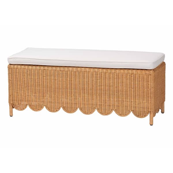 slide 2 of 9, Teresa Bohemian Light Honey Scalloped Rattan Ottoman Bench Light Honey