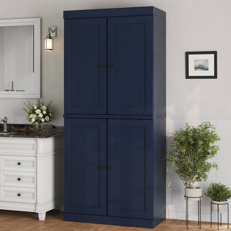 Palace Imports 100% Solid Wood Bathroom Storage Cabinet, Shaker Doors, Adjustable Shelves, 32" Wide, 71.5" Tall - Navy Blue