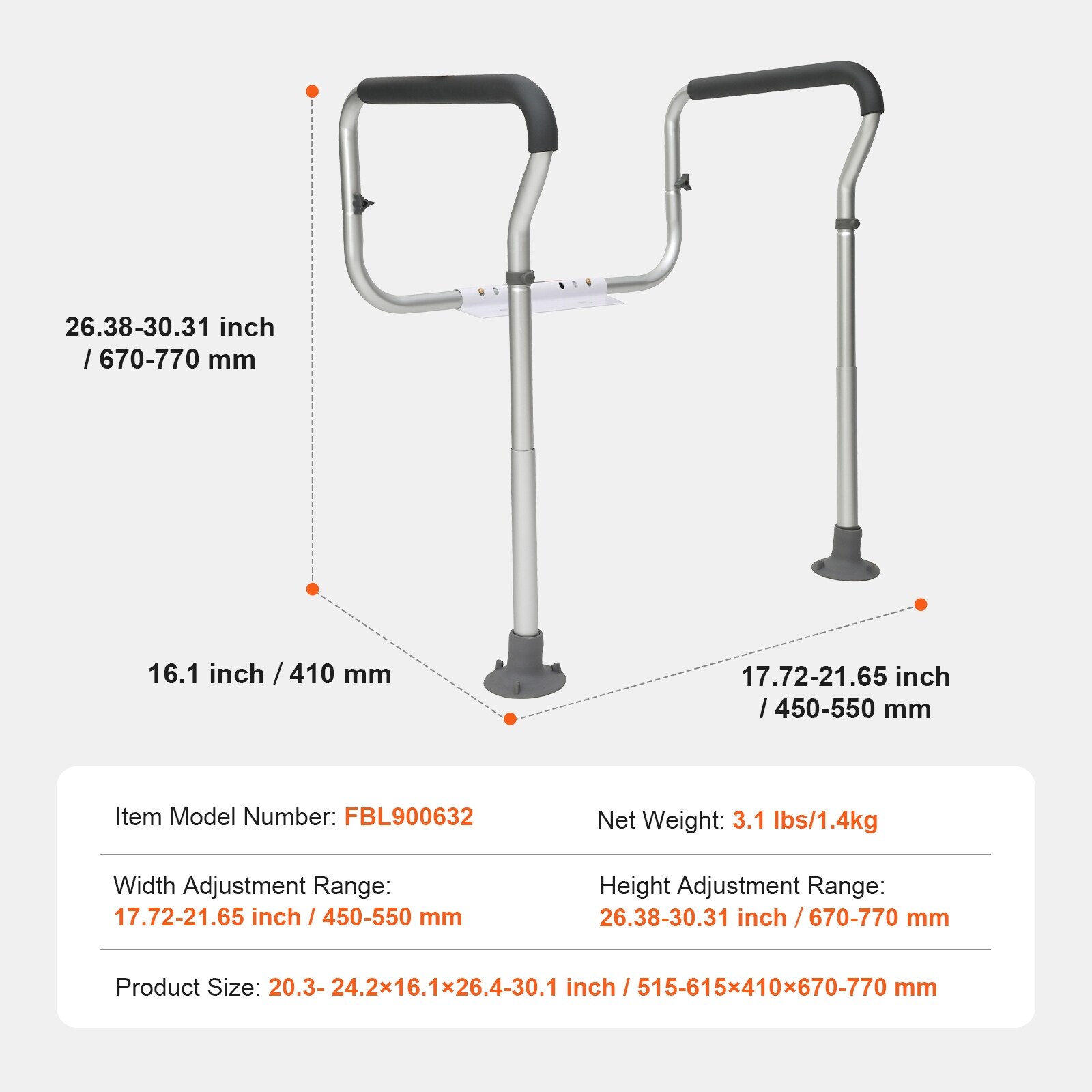 Toilet Safety Rail with Padded Armrests for Handicap, Disabled, Seniors -  17.72-21.65 inches 300 pounds - Overstock - 42902858, image size:1600x1600