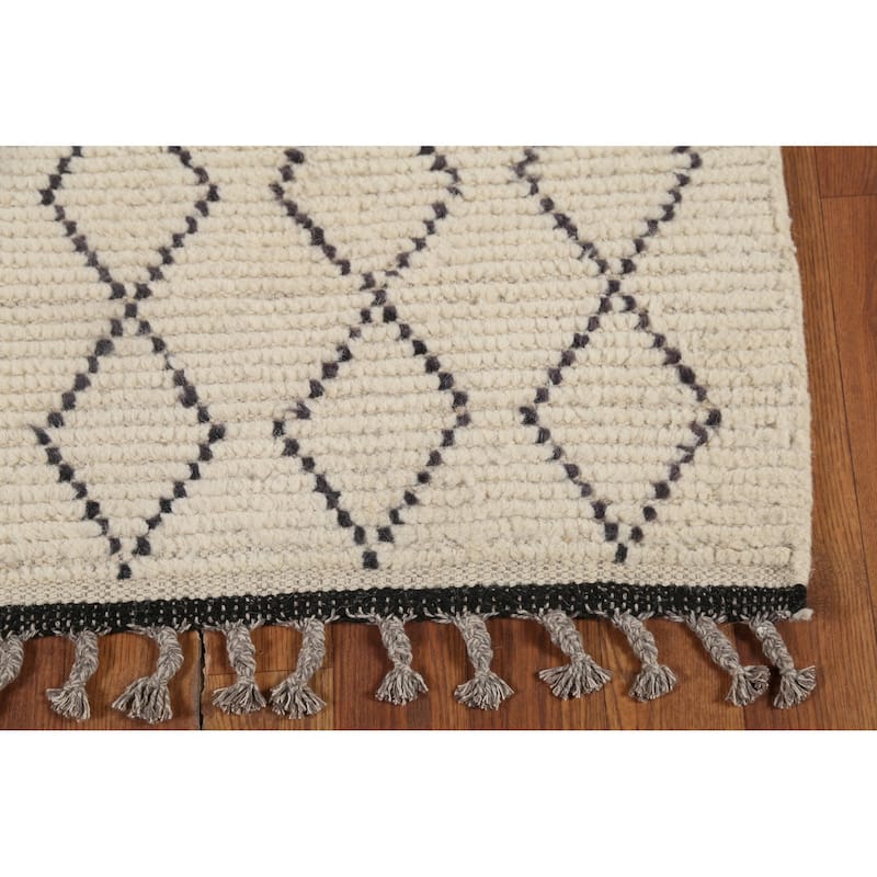 Ivory Trellis Moroccan Modern Runner Rug Handmade Wool Carpet - 2'5"x 12'7"