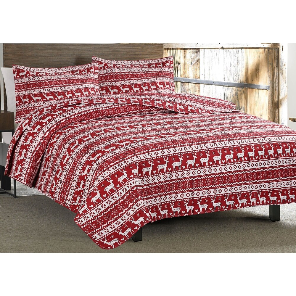 Max Studio Christmas Bear Moose Cotton Reversible Quilt KING Size red white 