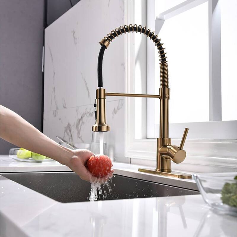 Commercial Kitchen Sink Faucet With Pull Down Sprayer Single Handle Kitchen Faucets Brushed Gold Solid Brass Modern Taps