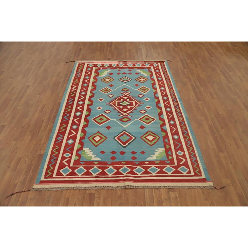 Hand Woven Oriental 100% Wool Carpet Southwestern Tribal Navy Blue & Blues Kilim Area Rug - 9' 2'' X 6' 1''