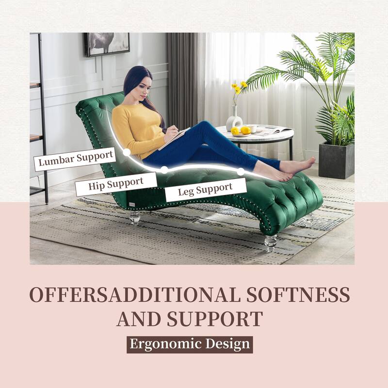 Velvet Tufted Chaise Lounge Chair Ergonomic S Shape Recliner with Pillow, Nailhead Trim and Acrylic Legs for Indoor Use