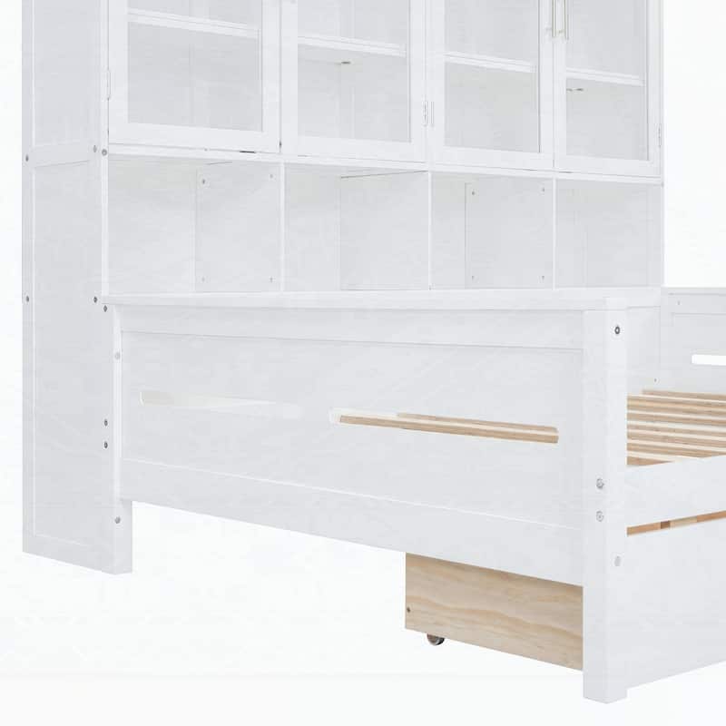 Wooden Daybed with Glass-Door Storage Cabinets and Built-in LED Lighting