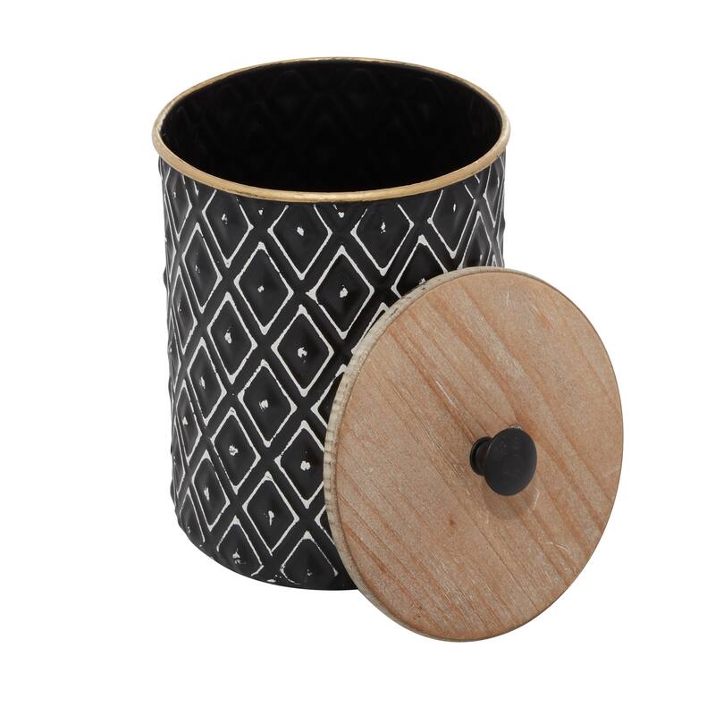 Metal Geometric Decorative Jars with Wood Lids - Set of 2 Black - Roche River Decor - 8"W x 8"L x 11"H