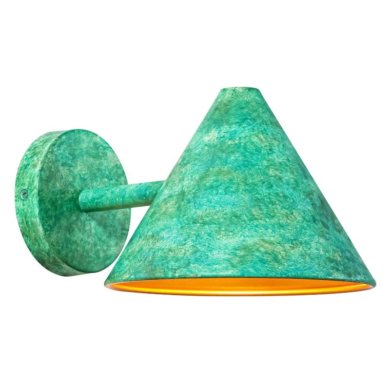 Rennnsan 1-Light Farmhouse Distressed Green Metal Shade Cone Wall Sconce with Gold Interior Accent