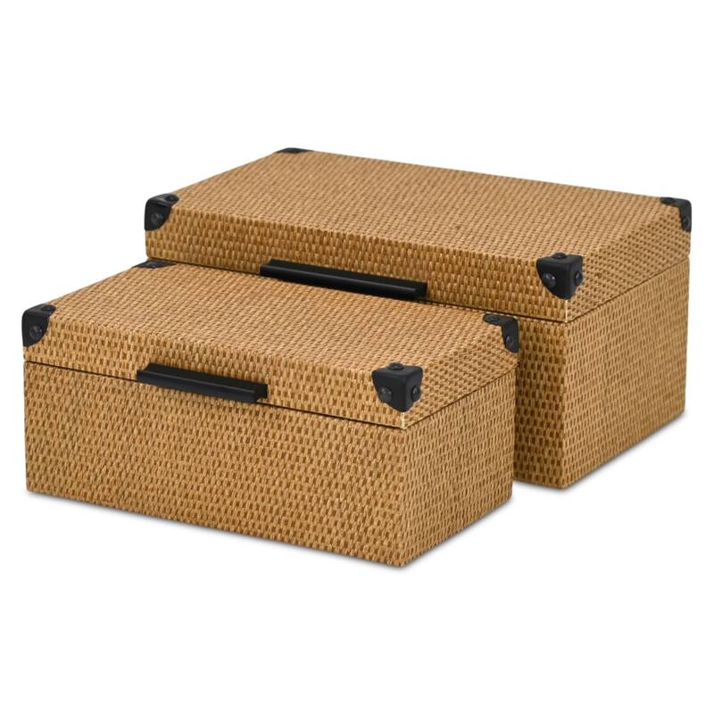 Iseult Set of 2 Rectangular Decorative Storage Boxes - Dark Brown Wicker Rattan Pattern