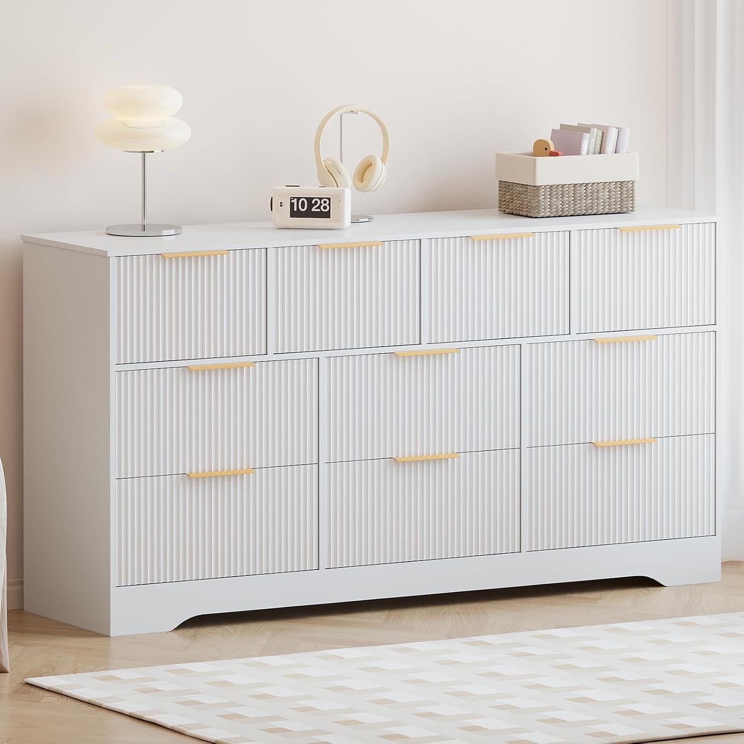55" Fluted Dresser with Gold Handles, 10-Drawer Double Dresser Organizer, Modern Long Chest