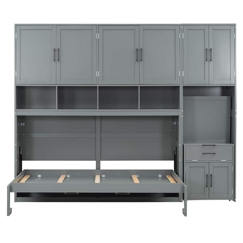 Space-Saving Twin Murphy Bed with Integrated Closet, Drawers & Desk in Gray