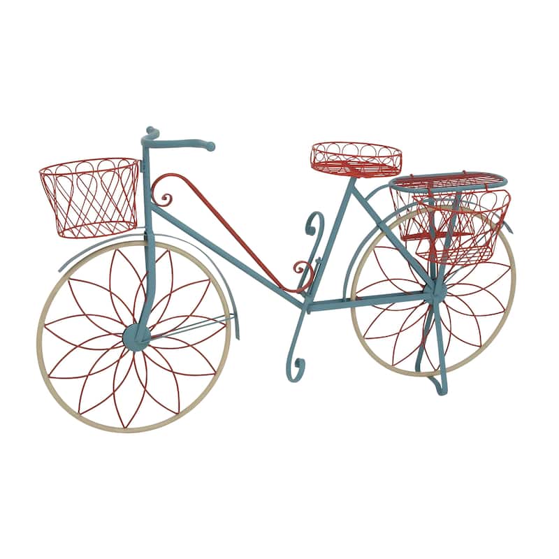 Metal Bike Indoor Outdoor Wire Design Plantstand with Basket and Saddle Bag Planters - Blue or Yellow - Roche River Decor - Blue