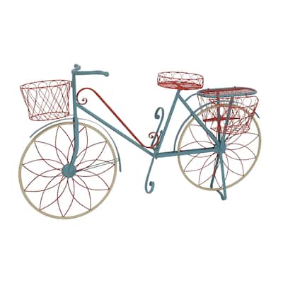 Metal Bike Indoor Outdoor Wire Design Plantstand with Basket and Saddle Bag Planters - Blue or Yellow - Roche River Decor