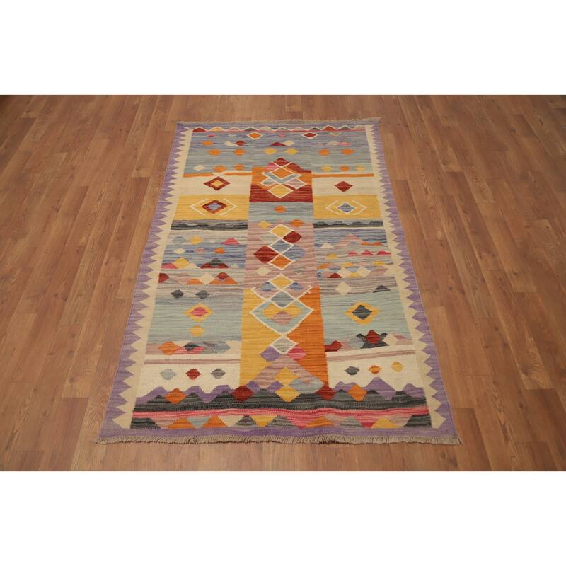 Hand Woven Oriental 100% Wool Carpet Southwestern Tribal Multi-Colored Kilim Area Rug - 4' 11'' X 3' 1''