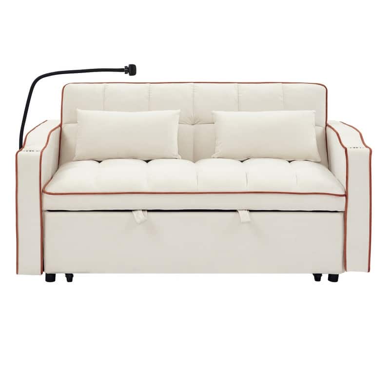 55.51" Modern Velvet Sleeper Sofa with Adjustable Back,USB Ports,Ashtray and Swivel Phone Stand