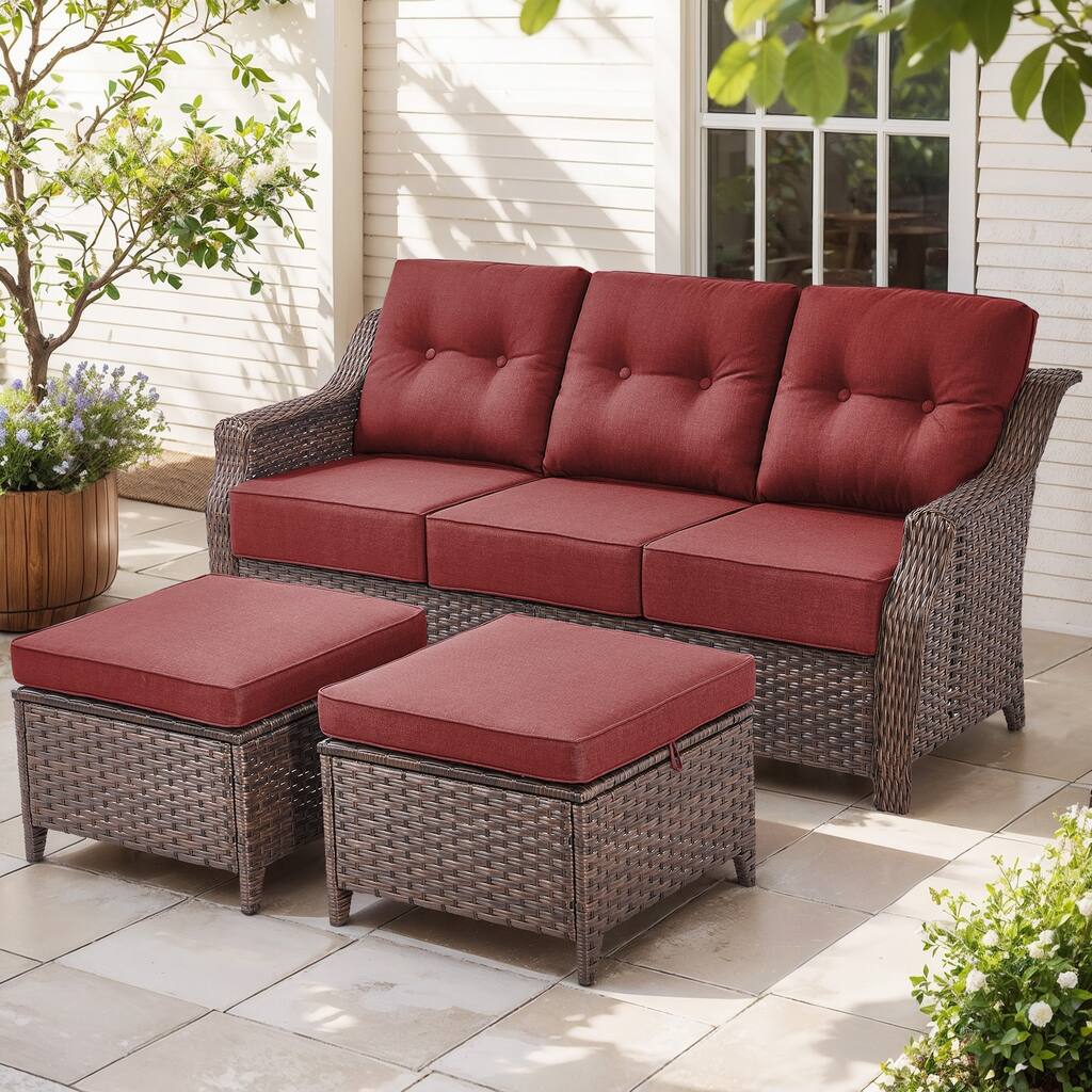 Gymojoy 3-Piece Wicker Patio Furniture Ottoman & Sofa Set, 6-Inch Ultra Thick Cushioned