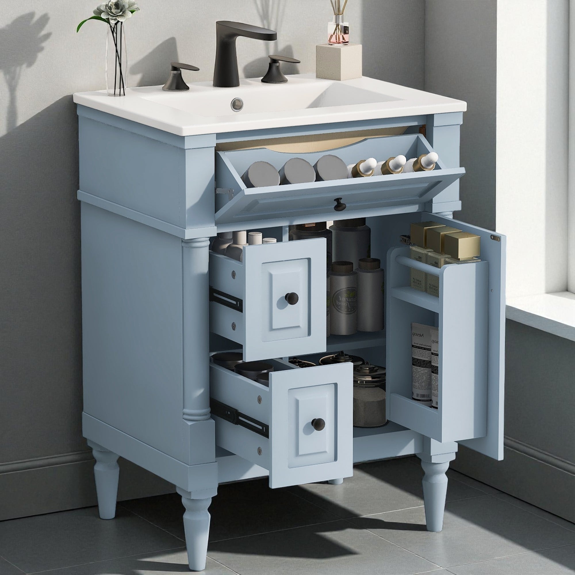 24" Freestanding Bathroom Vanity with Ceramic Sink, Flip Drawer, 2 Storage Drawers & Adjustable Shelf, Solid Rubberwood Frame