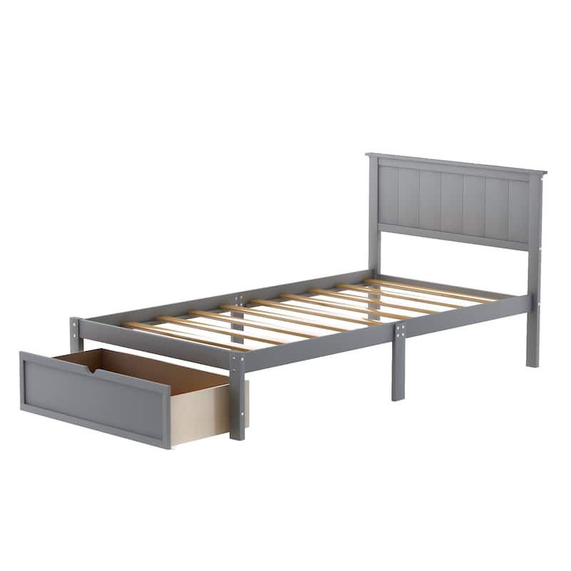 Modern & Simple Platform Bed with Headboard, Under-Bed Drawer