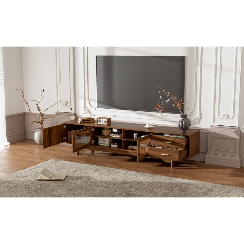 Anmytek Modern TV Stand Media Console with Fluted Glass Doors Beveled Edge Solid Wood Legs Large Screen Storage