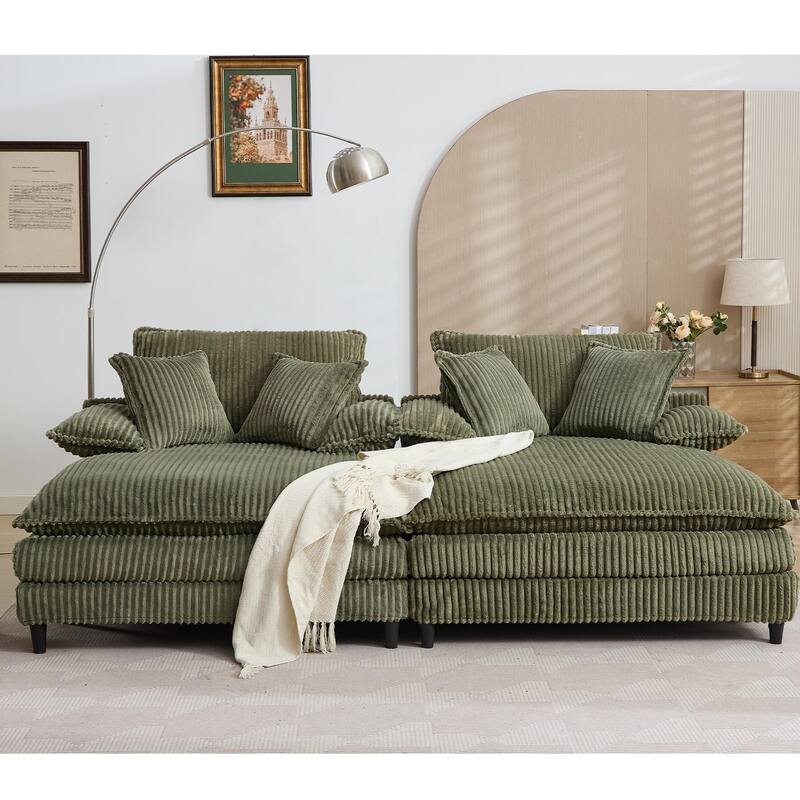109" W Oversized Corduroy Lounge Chaise Sleeper Sofa 4 Pillows