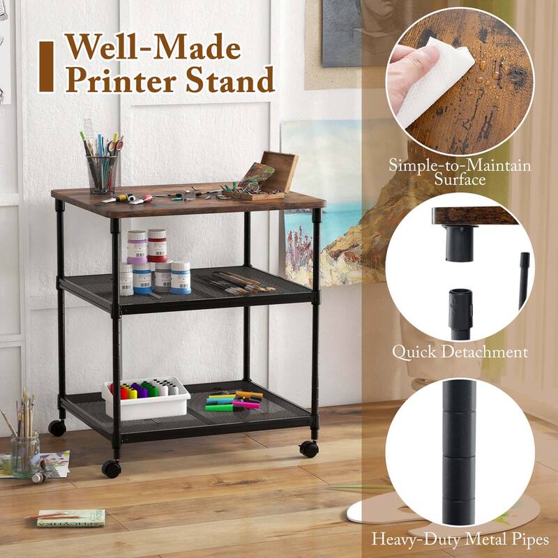 Costway 3-Tier Printer Stand Rolling Fax Cart with Adjustable Shelf & - See Details