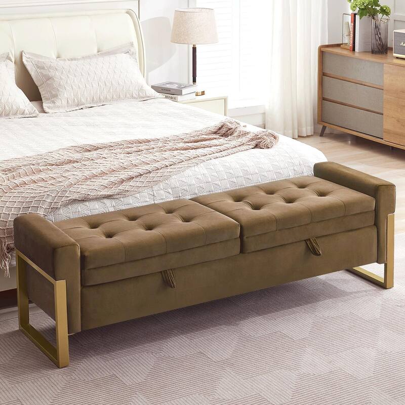 66" Storage Bench King Size End of Bed with Double Lids and Gold Legs