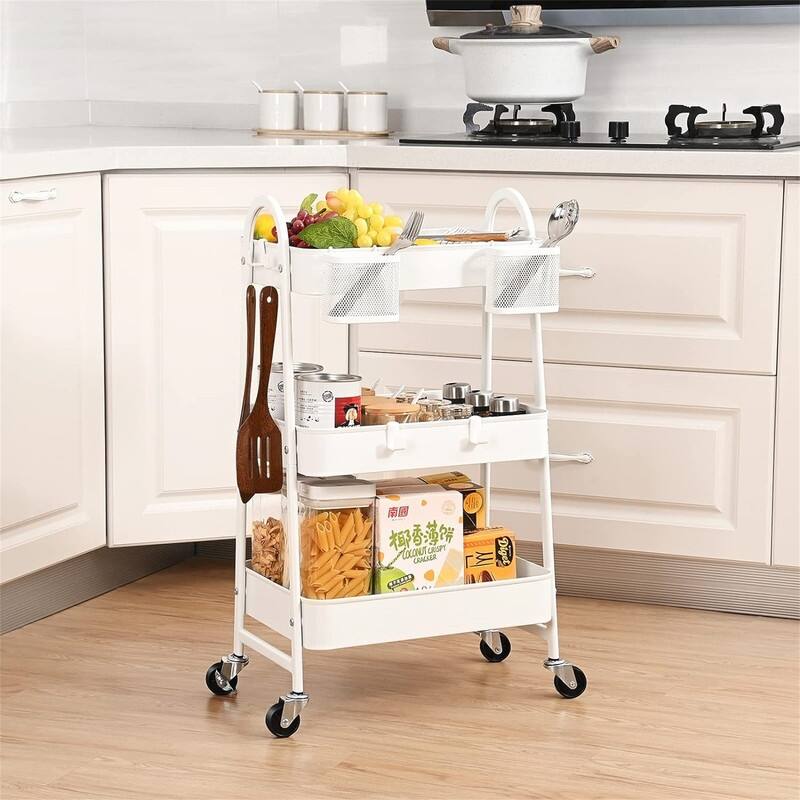 Tier Rolling Cart Metal Rolling Storage Cart with Handle and Lockable Wheels - 12.05"D x 17.52"W x 31.26"H