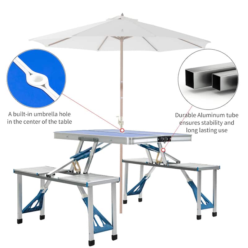 Outdoor Aluminum Suitcase Portable Folding Picnic Table with Bench & Umbrella Hole