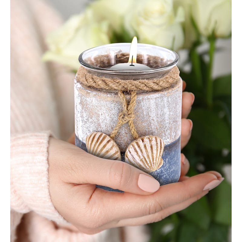 CoTa Global Silver Sea Sea Shell Candle Holder with Sea Shells & Rope - 3.2″Lx2.8″Wx2.8″H