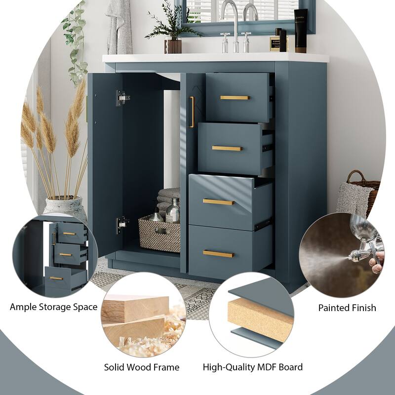 30'' Bathroom Vanity with Resin Sink Combo,Solid Wood Frame Bathroom Storage Cabinet with 3 Drawers& 2 Soft Closing Doors