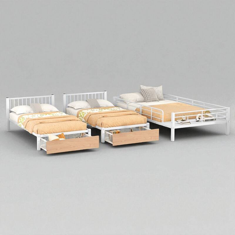 Full Over Twin & Twin Metal Triple Bunk Bed with Guardrails, Storage Drawers and Shelf, Convertible to 3 Beds