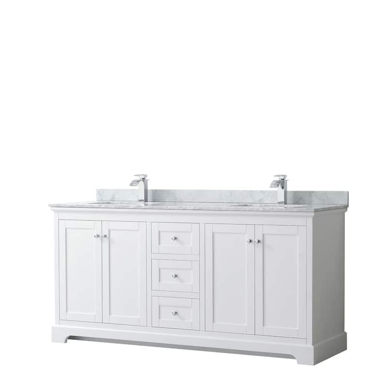 Avery Marble Top 72-inch Double Square Sink Vanity - White, Chrome Trim, White Carrara Marble Top