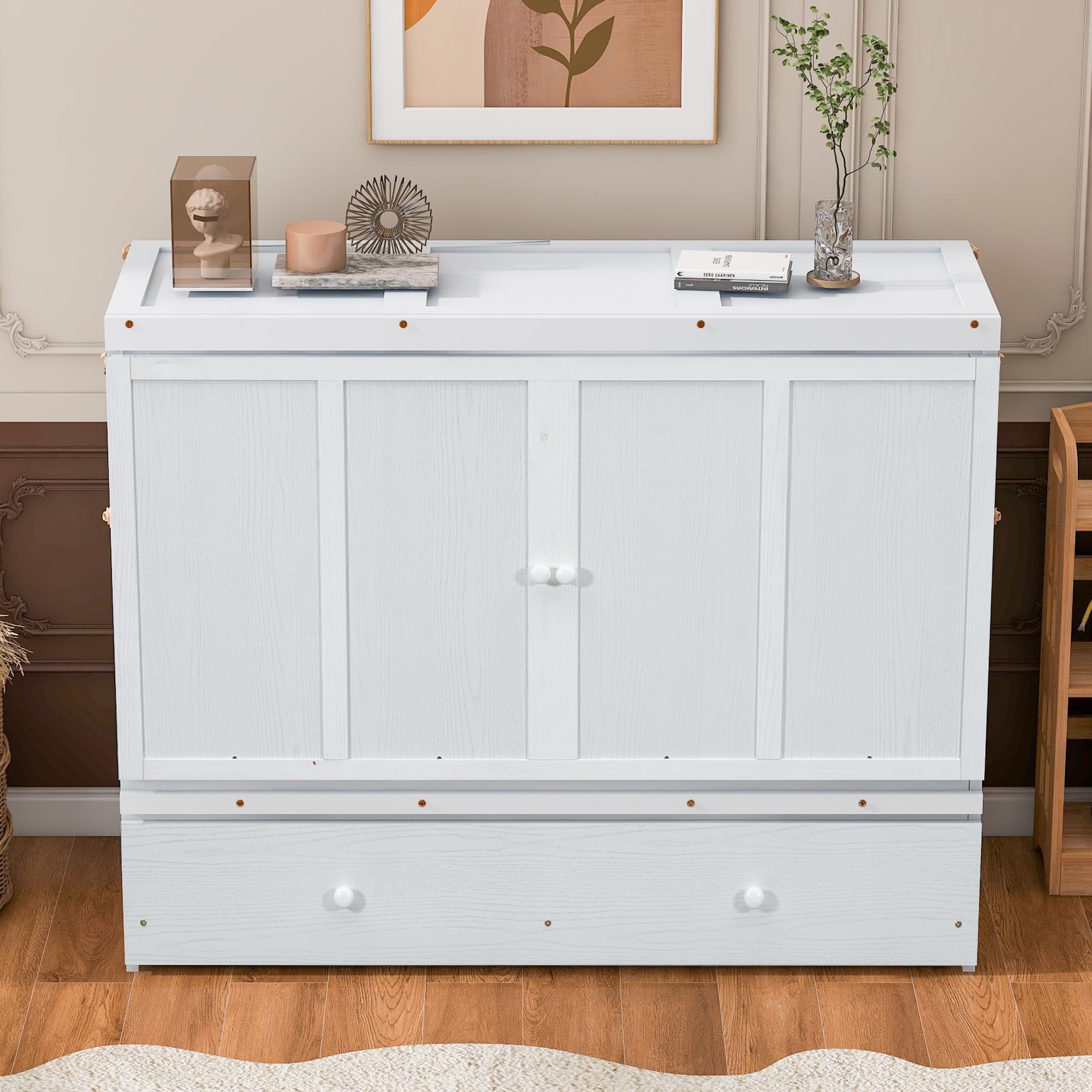 Queen Murphy Bed with USB Charging Ports and Large Storage Drawer, Sturdy Pine Wood Frame